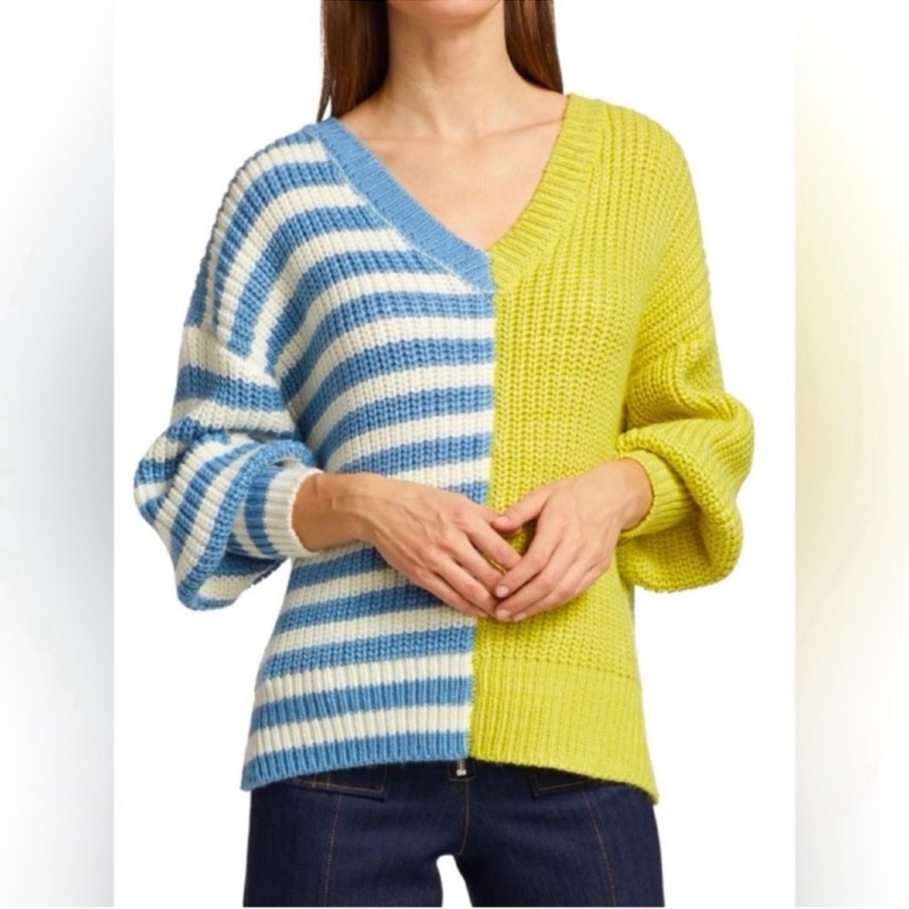 CINQ À SEPT Antonella Ribbed Knit Colorblock Sweater Sz S Oversized V Neck